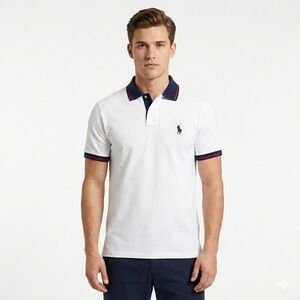 Polo Ralph Lauren Mens LT Red White + Blue  Contrast Collar Shirt White Cotton